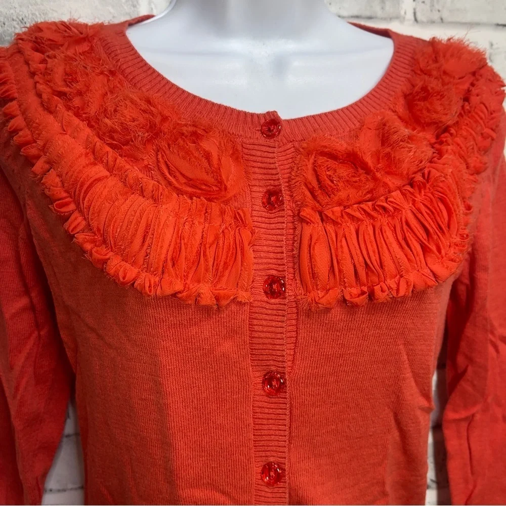 New York & Co. Orange Button Up Ruffled Floral Neckline Small